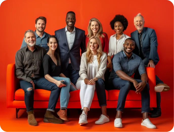 Group Portrait Diverse Individuals Smiling Red Sofa
