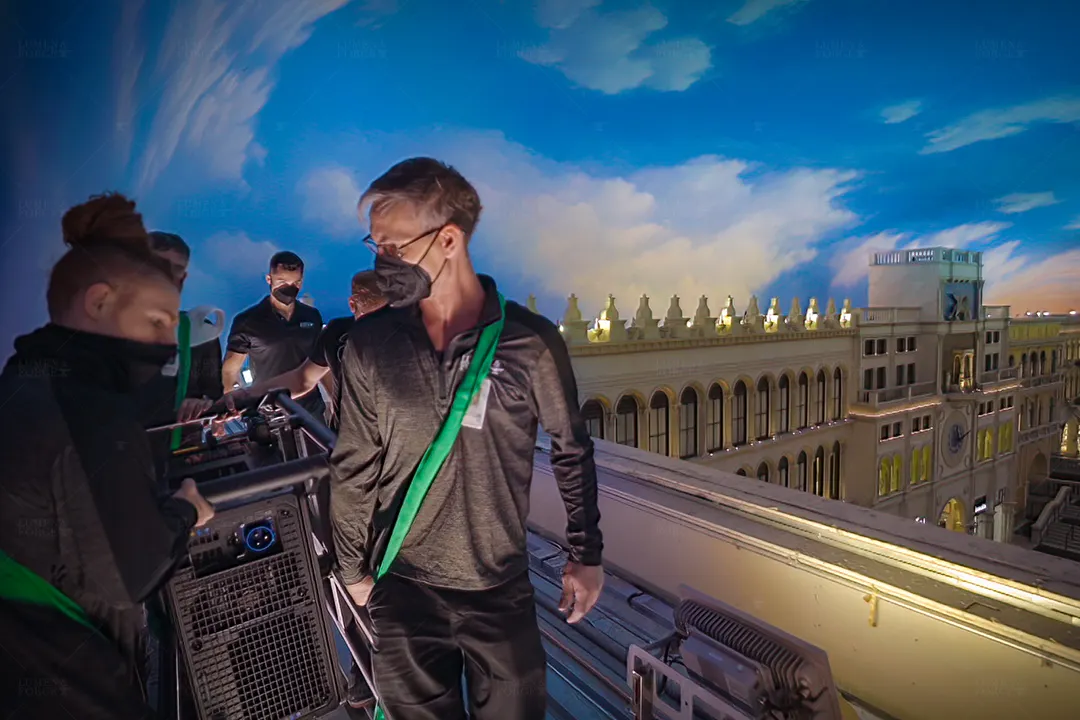Venetian Tech Crew Setting Up Projection Mapping Lumen And Forge